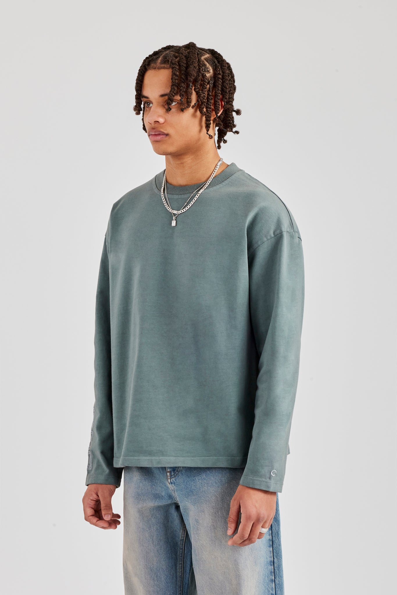 Washed Raw Hem Long Sleeve T-Shirt - Grey